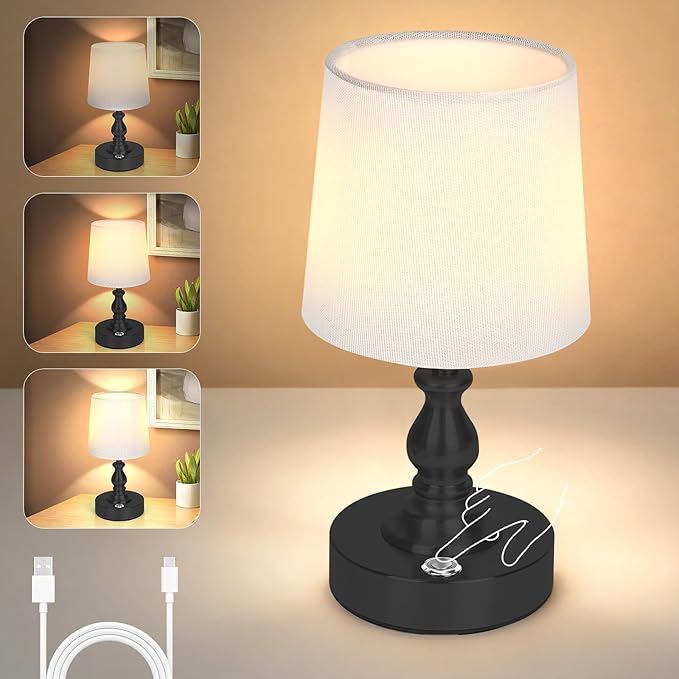 AUAUY Table Lamp for Bedroom, 5200mAh Battery Powered Touch Bedside Lamps, Rechargeable Desk Lamp Cordless, 3 Way Dimmable, Nightstand Lamps with Fabric Shade for Home Living Room Office Study, Black