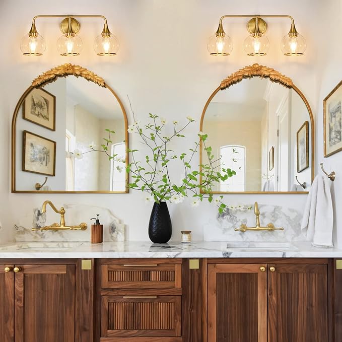 Gold Bathroom Vanity Light 3-Lights Bathroom Light Fixtures Over Mirror with Clear Glass Shade 22.4 inch Wall Sconce Lighting Bath(Exclude E26 Bulb)