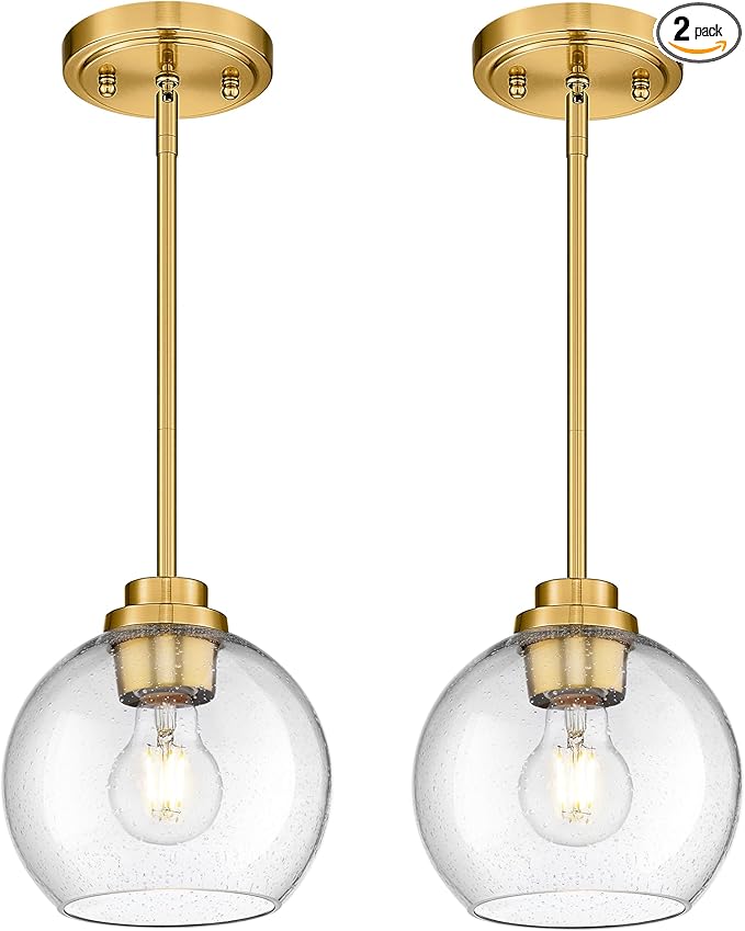 2-Pack Pendant Lights Kitchen Island, 7" Modern Brushed Gold Hanging Lights Fixtures with Clear Seeded Glass Globe Shade, Kitchen Island Lighting for Bathroom, AD-22280-1P2-GD-S