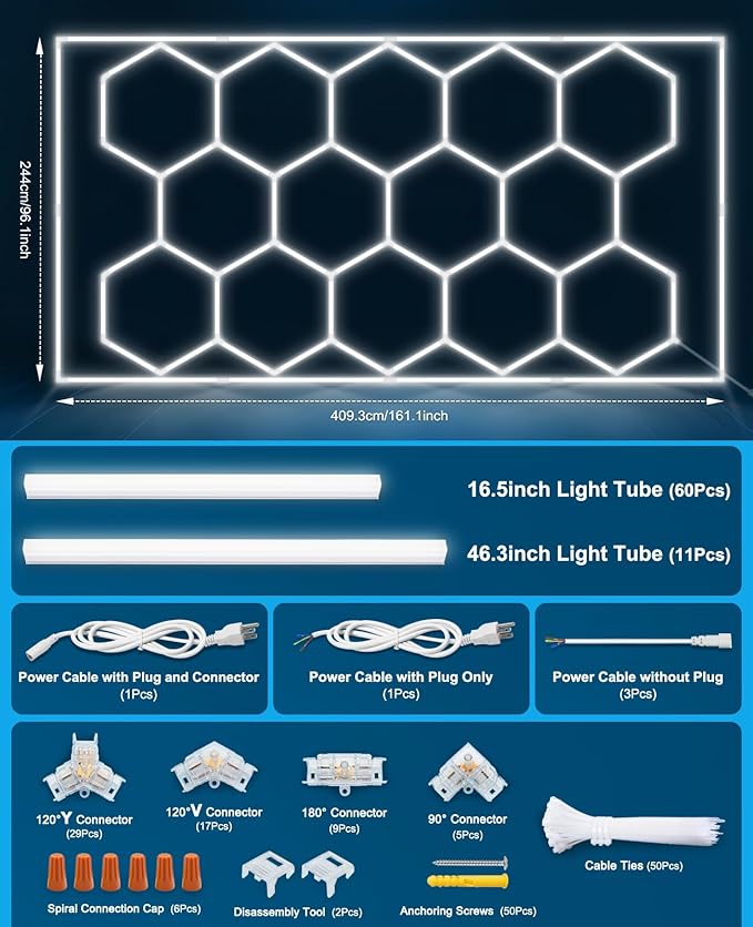 Garage Lights Hexagon led Lights DIY Ceiling LED Shop Light 91630LM for Basement Warehouse Workshop Barbershop Car Care Wash Room Auto Beauty Gym Exhibition Hall 14 Grids with Rectangle Frame 6500K