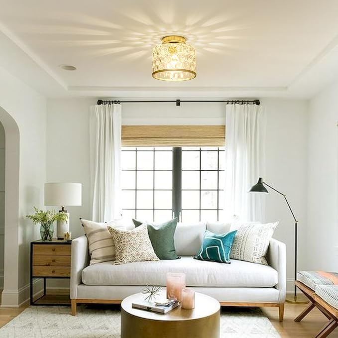 Zlepmlla Gold Flush Mount Ceiling Light with Clear Hammered Glass lampshade, Farmhouse Ceiling Lights Fixture in Satin Brass for Kitchen Bathroom, Bulb not Included
