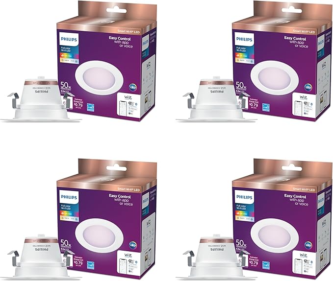 Philips Smart Retrofit Recessed Downlight 4-Pack, 50W Equivalent, 4-Inch LED Color Changing Lights, Powered by WiZ Connected