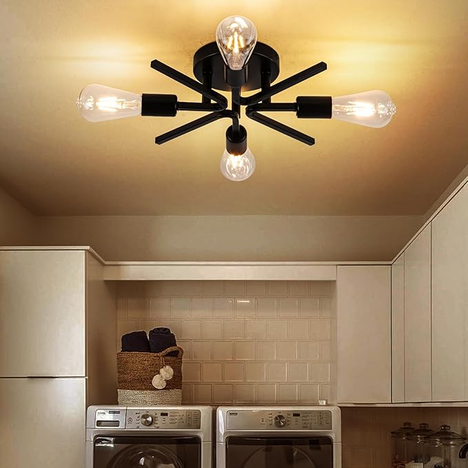 4 Light Farmhouse Sputnik Lighting Fixtures Ceiling Fixtures Black Industrial Flush Mount Lamp Hallway Light Fixture Sputnik Ceiling Lighting for Kitchen Living Room Bedroom Foyer Entryway E26