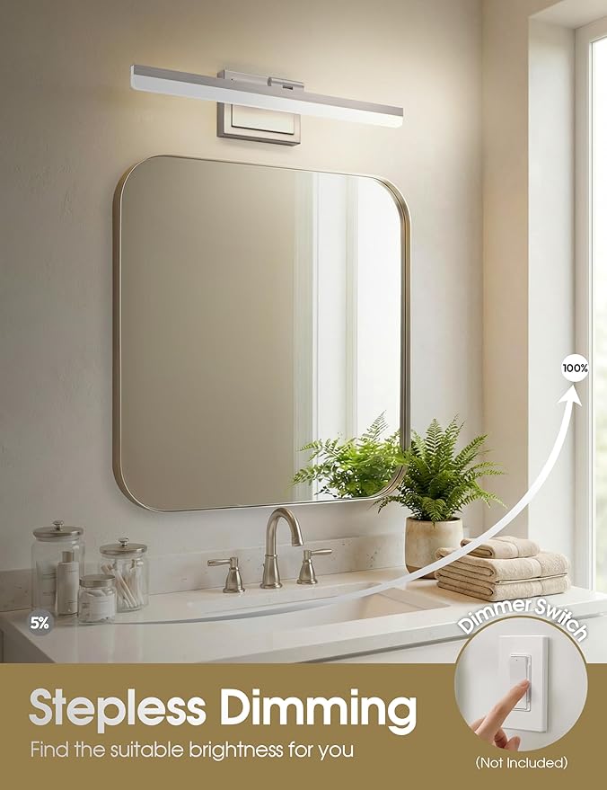 VOLISUN Modern Bathroom Vanity Light 24 inch, Rotatable, 24W Dimmable 5CCT Led Bathroom Light Fixture Over Mirror, Brushed Nickel Bar Vanity Light for Bathrooms Mirror Restroom-ETL Certificated