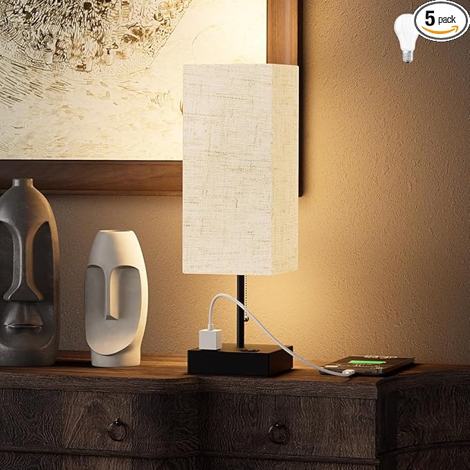 YIDPU Table Lamp for Bedroom with USB,Bedside Lamp with USB C+A Charging Ports,Adjustable 3color LED Light for Home Decor/Nightstand/Office,Included Bulb and Fabric Lamp Shade (Linen White, 1PCS)