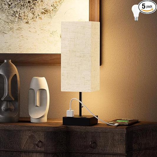 YIDPU Table Lamp for Bedroom with USB,Bedside Lamp with USB C+A Charging Ports,Adjustable 3color LED Light for Home Decor/Nightstand/Office,Included Bulb and Fabric Lamp Shade (Linen White, 1PCS)