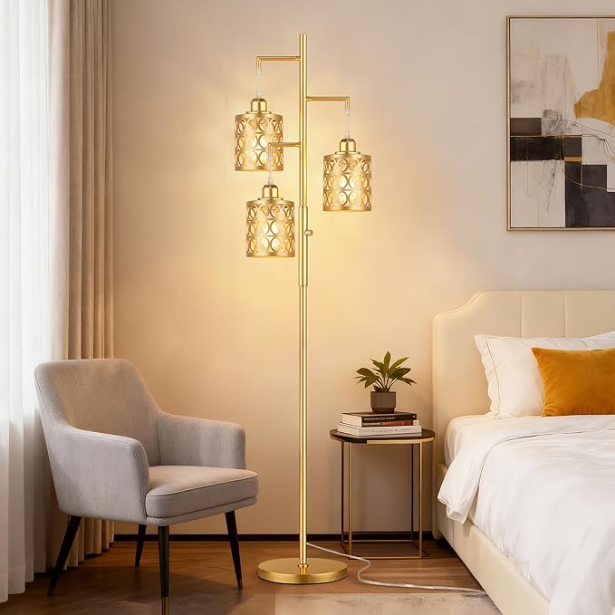 QiMH Gold Industrial Floor Lamps for Living Room, Modern Standing Lamp with Stepless Dimmable, 68" Tall Lamps for Bedroom Home Office, 3 LED Bulbs Included