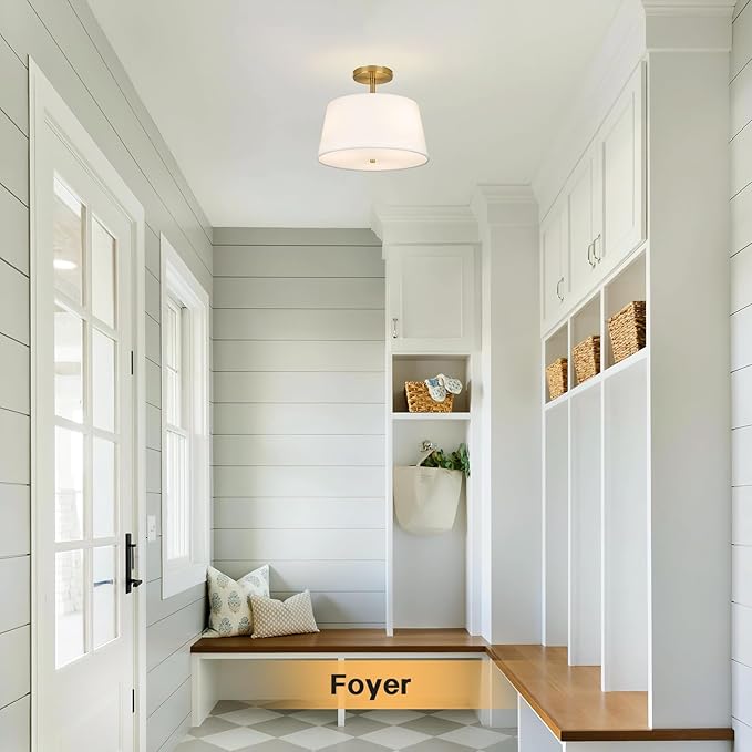 Modern Cone-Shaped Semi Flush Mount Ceiling Light Fixture, 3-Light Drum Lamp with Gold Brass Finish and White Fabric Shade for Bedroom, Kitchen, Dining Room, Hallway, Entryway, and Foyer