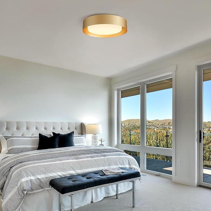Modern Glass Gold Flush Mount Ceiling Lights, 16.5" Minimalist Round Ceiling Lighting, Drum Close to Ceiling Light Fixtures for Living Room, Bedroom, Dining Room, Kitchen, Hallways