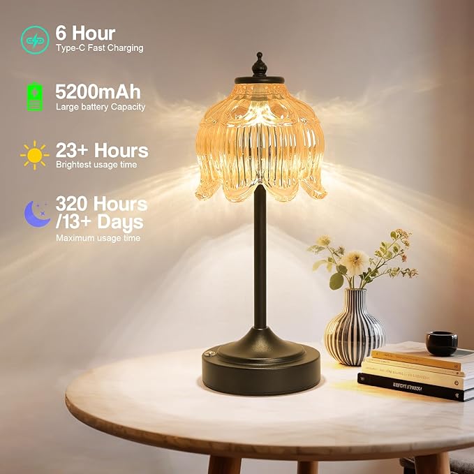 Cordless Lotus Flower Table Lamp, 5200mAh Rechargeable Battery Operated Portable Lamp, 3-Color Dimmable Touch Control Small Desk Lamp for Bedroom, Office, Kitchen, Nightstand,Room Decor(Amber-2)