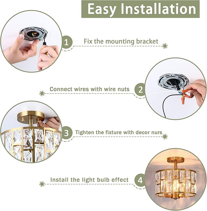 MEXO Gold Finish 3LT Crystal Semi Flush Mount Ceiling Light Fixture, Cylinder Drum Shade, Close to Ceiling, Perfect for Kitchen, Dining Room, Bedroom, Living Room, Entryway, Foyer