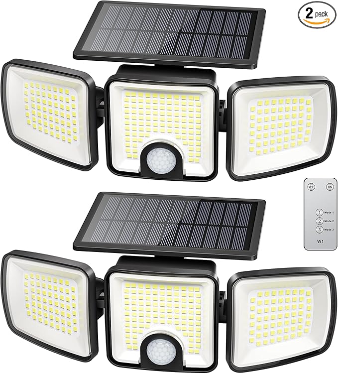 Brightown 2 Pack Solar Outdoor Lights, 2500LM 223 LED Solar Flood Outdoor Lights with Motion Sensor 3 Modes, 3 Head 270° Wide Angle Street Area IP65 Waterproof Security Wall Lights with Remote