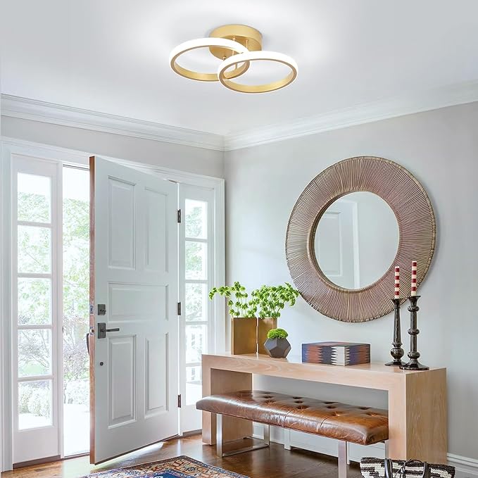 CANEOE Round Modern Led Ceiling Light Fixtures, 6000K Cool White Hallway Light Fixtures Ceiling, Bathroom Close to Ceiling Lights for Corridor Stair Aisle Lamps (Gold, 1 Pack)