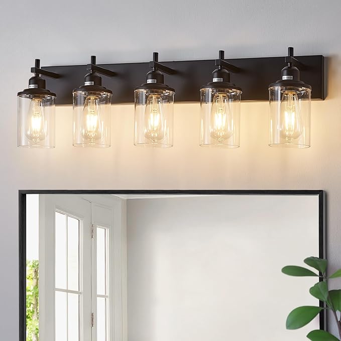 Lanhall 5-Light Black Bathroom Light Fixture Over Mirror Modern Farmhouse Bathroom Vanity Light Vintage Wall Lighting with Clear Glass Shade for Bathroom, Bedroom, Hallway, Cabinet