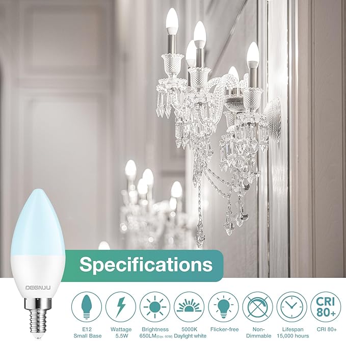 DEGNJU 20 Pack Chandelier Light Bulbs 60 Watt Equivalent, Candelabra LED Light Bulbs, E12 LED Bulb Daylight 5000K, Type b Light Bulb 5.5W, Candelabra Base, 120V, B11 Candle Light Bulb, Non-Dimmable
