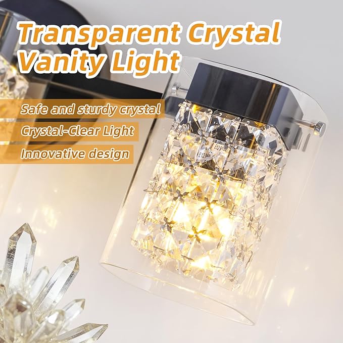 Modern Crystal Vanity Lights, 3-Light Black Bathroom Light Fixtures with Clear Shades, Bathroom Lighting Fixtures Over Mirror Wall Light for Hallway, Decoration,Bedroom（Exclude Bulb）