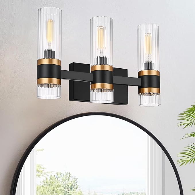 MELUCEE Black 3 Light Bathroom Vanity Light, Modern Vanity Lights Bathroom Light Bar with Ribbed Clear Glass Shade Indoor Wall Lights for Mirror Cabinet Kitchen Bedroom Hallway, E12 Base