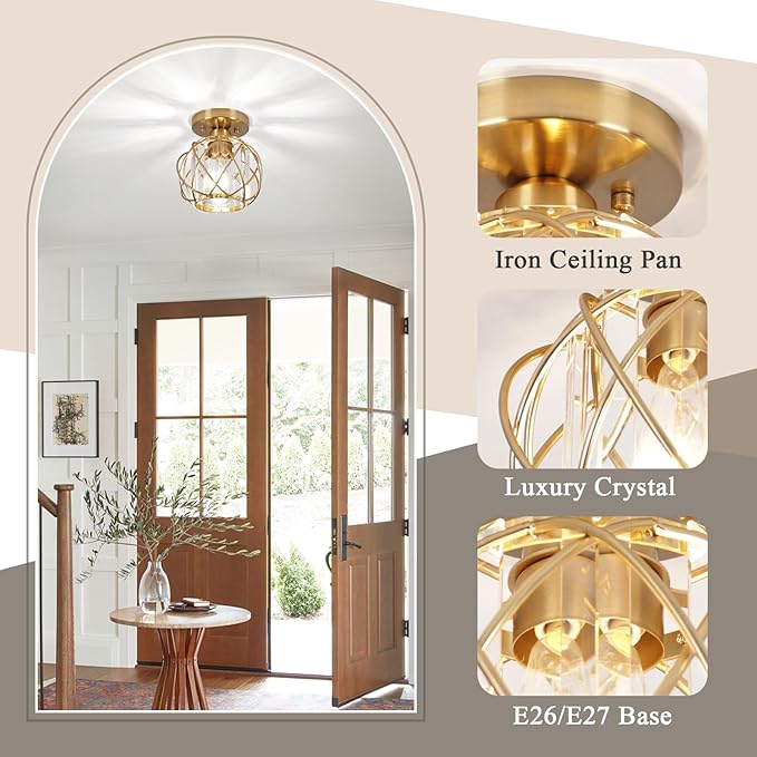 Hallway Light Fixtures Ceiling,Semi Flush Mount Ceiling Light Fixtures Gold Metal Cage Indoor Modern Ceiling Lights for Bedroom Room Hallway Bathroom Entryway Kitchen