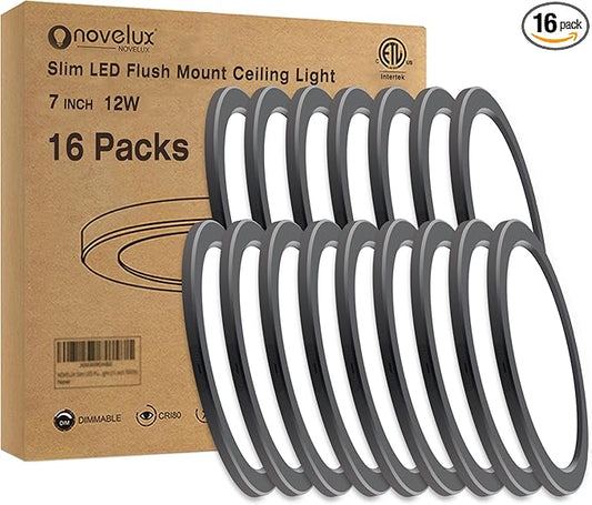 7.3" Flush Mount Ceiling Light Dimmable with ETL CERT, 5000K Black LED Ceiling Lights Ultra Thin Round Ceiling Light Fixture for Bedroom, Bathroom,Kitchen, Hallway,Basement,Closet,16Pack
