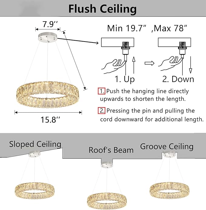 HAIXIANG Modern Crystal Chandelier Dimmable LED 16 Inch Ring Pendant Lights Adjustable Glam Chandeliers Lighting Fixtures for Dining Room Living Room Bedroom Silver Light
