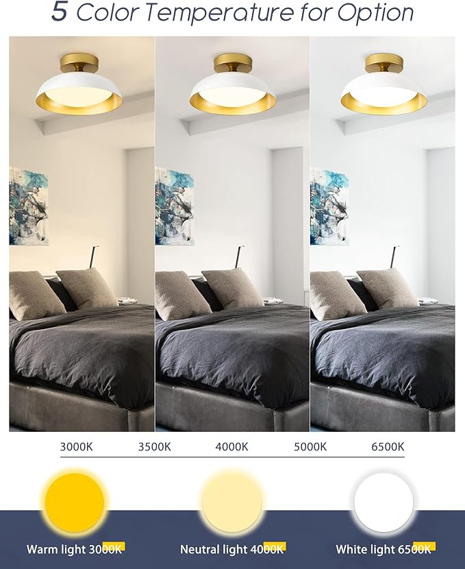 kudos Flush Mount Ceiling Light, 9.5inch LED Ceiling Light Fixture, White and Gold Finish, 12W 600lm Modern Hanging Light Fixtures for Living Room, Bedroom, Hallway, 5CCT Adjustable, KDCL01-WT-S