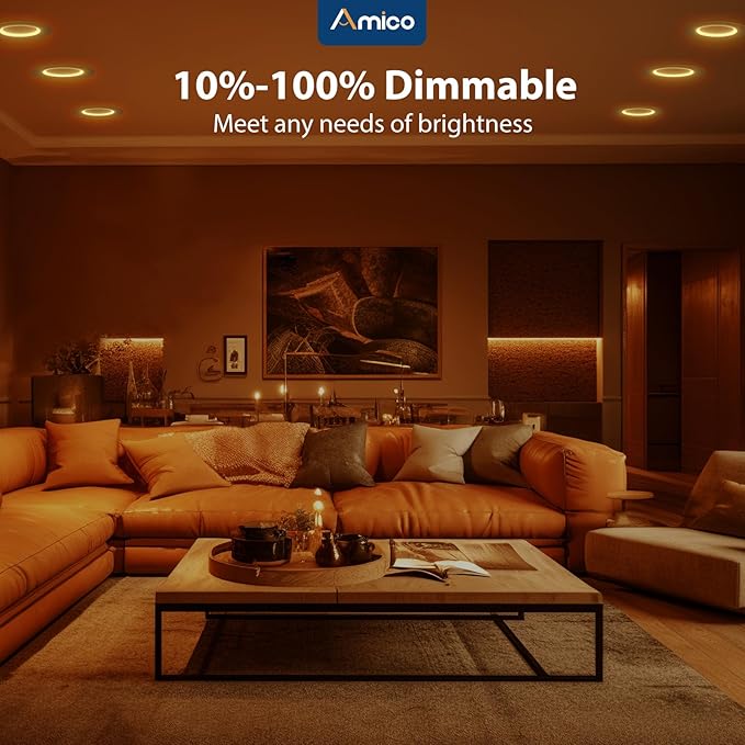 Amico 12 Pack 6 inch 5CCT LED Recessed Lighting with Night Light, 12.5W=100W, 1000LM Can Lights with Baffle Trim, Dimmable, Retrofit Downlight, 2700K/3000K/3500K/4000K/5000K Selectable - ETL & FCC
