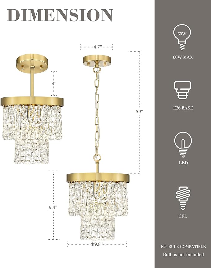 Water Ripple Gold Chandelier, 2-Tier 10'' Pendant Lights Kitchen Island, Vintage Chandeliers for Dining Room Kitchen Island Bedroom Entryway, CC4848-1P-PG