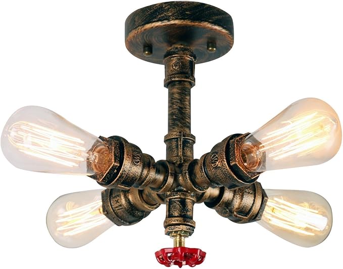 UNITARY Farmhouse Bedroom Semi Flush Mount Ceiling Light Rustic Copper Metal Sputnik Hallway Ceiling Light Fixture with 4 E26 Bulb Sockets Entryway Flush Mount Light Kitchen Light Fixture