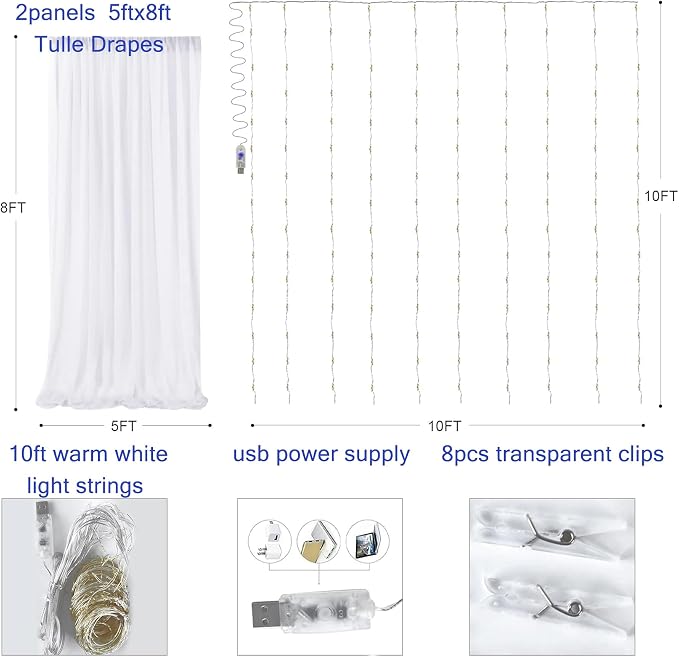 White Tulle Backdrop Curtain with Lights, Elegant Sheer Photo Backdrop Drapes, Soft Fabric Curtain for Weddings Brithday Parties Photography Background Decor, 10ftx8ft