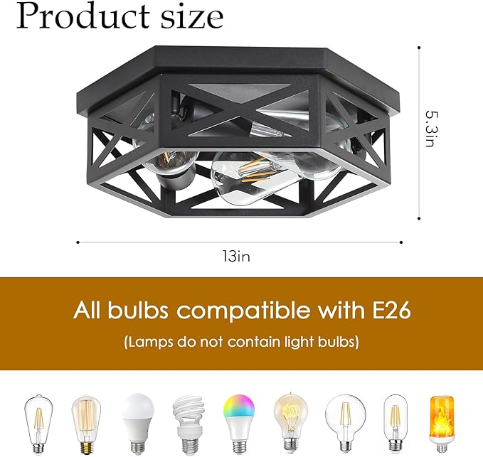 13 inch Black Flush Mount Ceiling Light Fixtures,3-Light Hallway Light Fixtures Ceiling Mount for Kitchen Farmhouse Bedroom 1 Pack