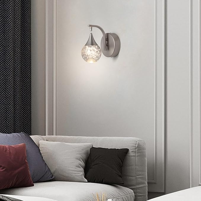 Sedelan LED Crystal Bubble Wall Sconce, 5W Dimmable Modern Wall Light Fixture, 3300K Warm White Indoor Lighting for Bedroom Bedside Living Room Bathroom Hallway, Sand Nickel