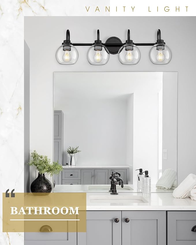 Bathroom Light Fixtures, 4-Light Matte Black Vanity Lights with Globe Clear Glass, 30 Inch Modern Vanity Lighting Fixtures Over Mirror, AD-22280-4W-BK