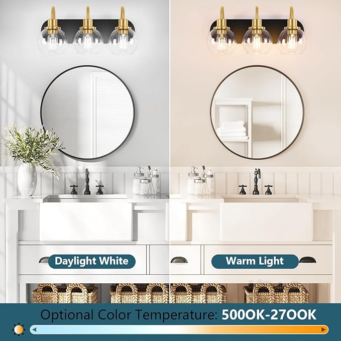 Dpyrrhic Modern 3-Light Vanity Light, Bathroom Lighting Fixture Over Mirror With Clear Glass Shade and Metal Base, Wall Sconces in Matte Black and Gold