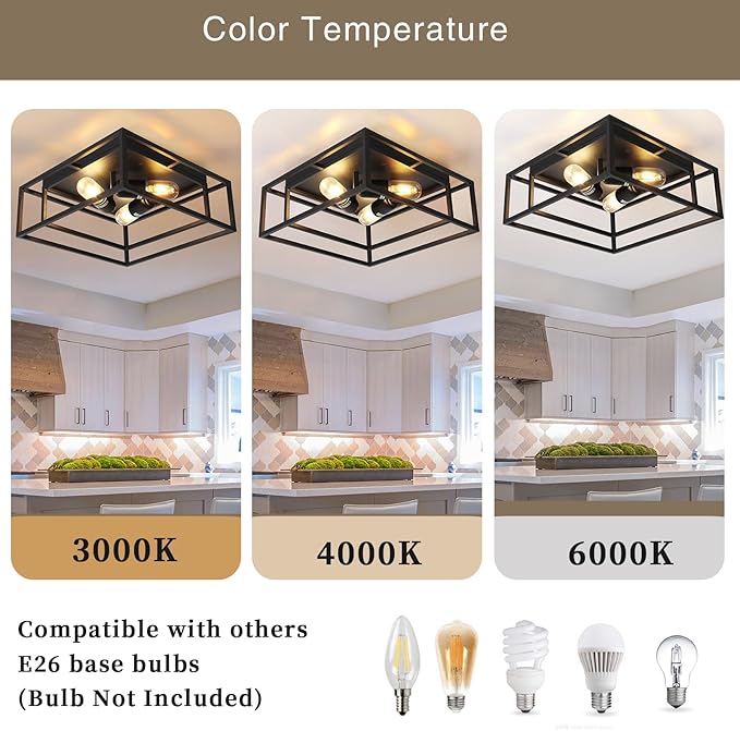 HuisMier Black Flush Mount Ceiling Light Fixture, 3-Lights Industrial Metal Close to Ceiling Lights, Farmhouse Kitchen Light Fixtures for Dining Room Bedroom Entryway Hallway
