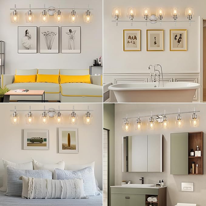 Bathroom Vanity Light Fixtures, Bathroom 6-Lights Over Mirror Modern Vanity Lighting with Clear Wine Glass Shade Wall Lamp for Bedroom Hallway Living Room (Nickel, 6-Light)