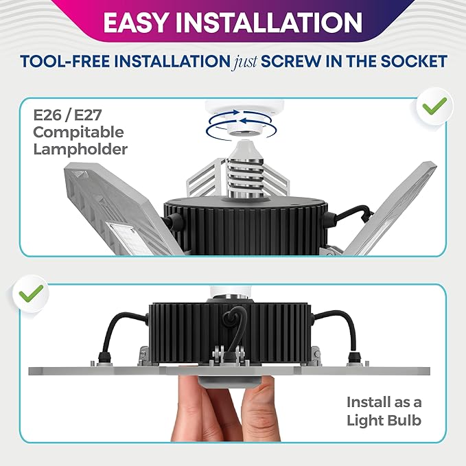 Bell+Howell TRIBURST Aluminum LED Socket Ceiling Light Bulbs 60W 4000 LM 6500K – 3 Deformable Panels LED Shop Light Fixture for Indoor, Bedroom, Living Room, Garage Lights, Home Improvement, E26 / E27