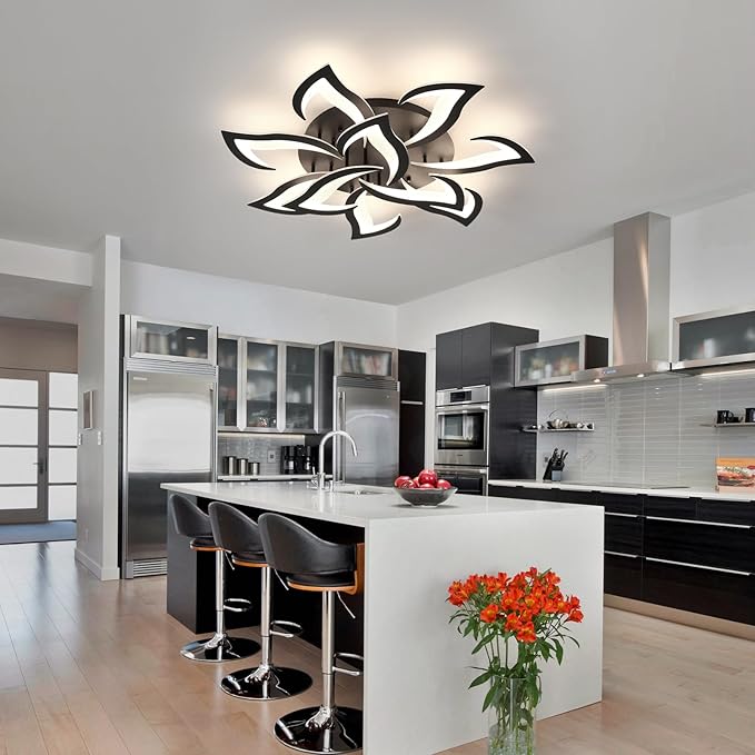 Goeco Dimmable Ceiling Light, 10-Petals Flower Light Fixture with Remote Control and App, 3000K-6500K Modern LED Ceiling Light for Living Room, Bedroom, Kitchen, Black