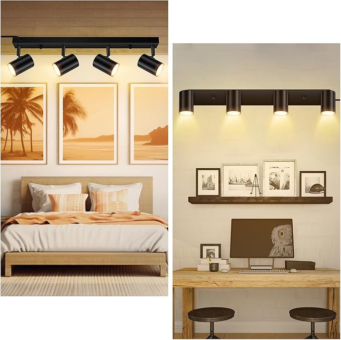 AUQUEE 4 Light Track Lighting Kit,Black 4 Way LED Plug in Ceiling Spotlight,Industrial GU10 Wall Light for Kitchen Cabinet Gallery Bar Hallway Living Room,Rocker Switch,15 Foot Cord(No Bulb)
