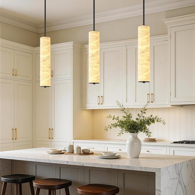 LMQNINE Natural Alabaster Pendant Lights White Marble 15" Long Tube Adjustable Boom Chandelier Modern 3000K Black Ceiling Light for Kitchen Island Bedroom Dining Room Living Room Hallway(S-1Pack)