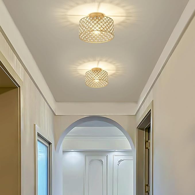 Gold Crystal Ceiling Light Fixture,Modern Semi Flush Mount Ceiling Lighting Fixture,Round Small Chandelier for Dining Room, Hallway, Entryway, Kitchen, Bedroom,Foyer,1 Light,11.2 inch