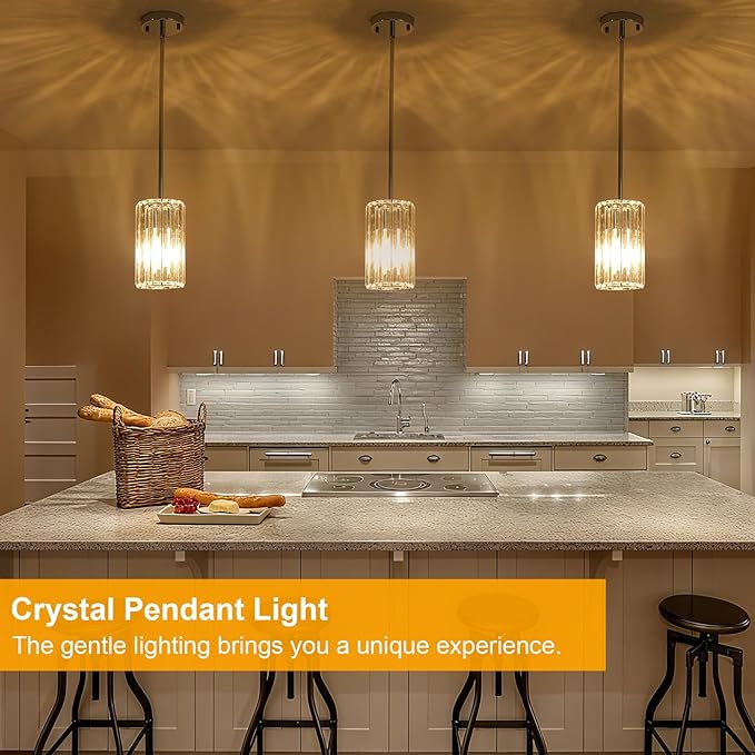 3 Pack Chrome Modern Pendant Lights Mini Chandelier Kitchen Island Pendant Lights Hanging Light Fixtures Adjustable Crystal Chandelier Fixture for Island Dining Room Hallway Bedroom