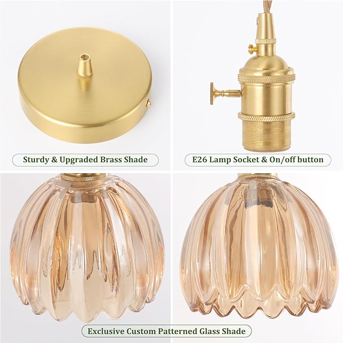 Shenmoyl Pendant Light 2 Pack with Amber Tulip Glass Lmapshade, Brass Vintage Pendant Light Adjustable Hanging Light for Kitchen Island Dining Room Hallway