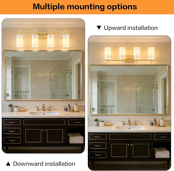 SOLFART Bathroom Light Fixtures, 4 Light Vanity Lights for Bathroom, Gold Wall Light with Milky White Glass for Mirror, Living Room, Hallway, Cabinet, E26 Base (Bulbs Not Included)