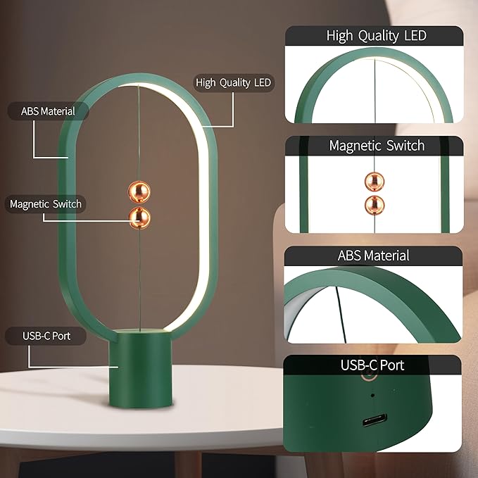 Heng Balance Light, USB Powered LED Table lamp, Creative, Magnetic Switch Night Light, dimmable Eye Protection Table lamp, Used for Gifts, Decoration Bedside, Dormitory and Office(Green)