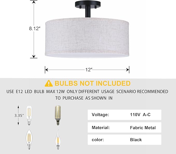 12 Inch Drum Black 3 Light Semi Flush Mount Close to Ceiling Light Fixture,Linen Fabric Shade for Bedroom,Living Room,Dining Room Hallway
