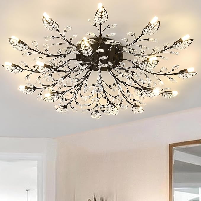 Modern Crystal Ceiling Light Fixture,Semi Flush Mount Chandeliers,Crystal Leaf Ceiling Light, Chandeliers for Dining Room,Living Room,Bedroom