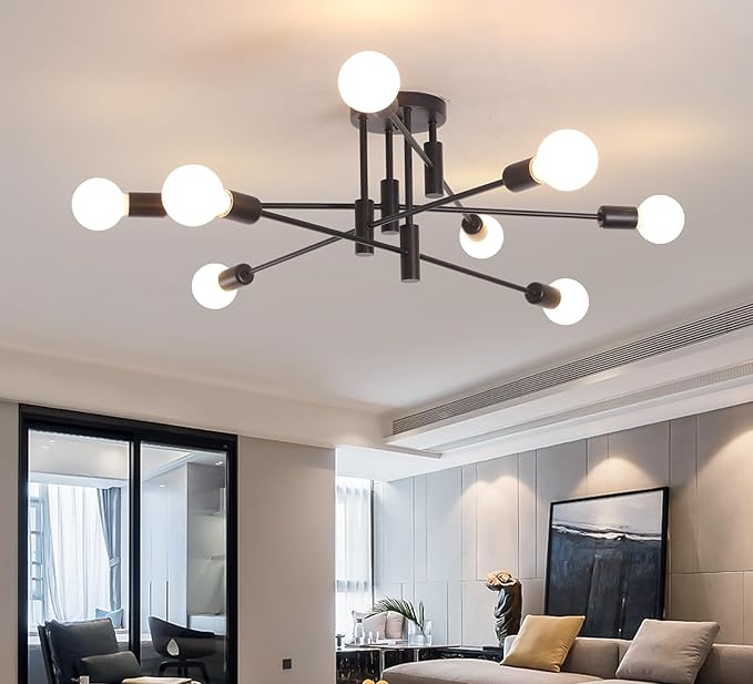 Garwarm Black Ceiling Light Fixture, 8-Lights Semi Flush Mount Ceiling Light, Sputnik Chandelier Industrial Ceiling Lamp for Kitchen Dining Room Bedroom Foyer Entryway Hallway Lighting Fixture