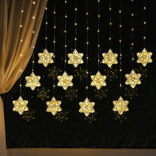BLOOMWIN Window Lights Christmas Decor 10ft 12 Snowflakes Icicle Lights USB Christmas Curtain Lights for Bedroom Indoor Wall Winter Decorations for Home Church Wedding Birthday, 8 Modes, Warm White