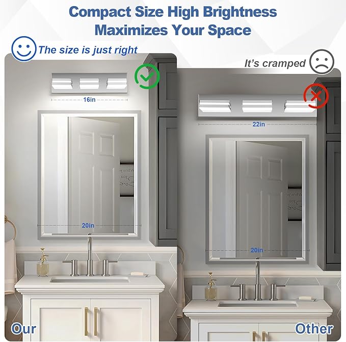 Modern LED Small Bathroom Lights Fixtures 3-Light,Stainless Steel Chrome Acrylic Wall Lighting,Vanity Lights for Bathroom Over Mirror 6000K 16in