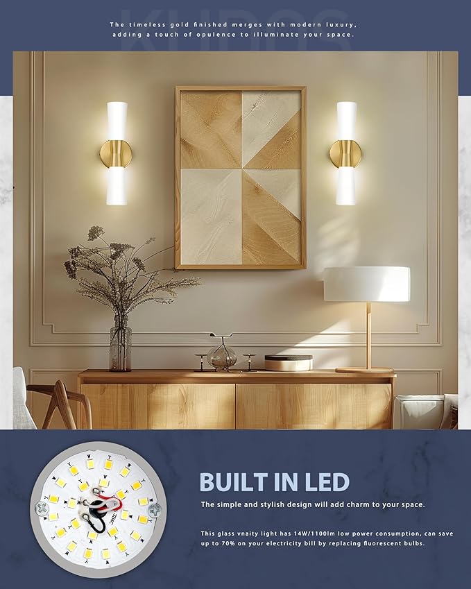 kudos Wall Sconces 16inches Gold Vanity Light Fixtures, Modern Sconces Wall Lighting with Milk White Glass, Dimmerable 3000K/4000K/5000K for Bathroom Bedroom, KDVL13-GD